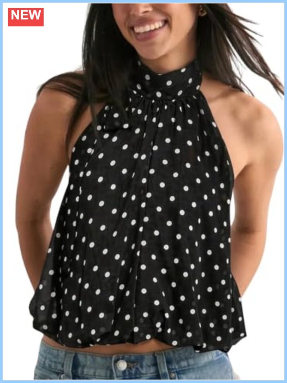 Polka Dot Halter Blouse Dressy Bubble Ruffle Hem Going Out Top